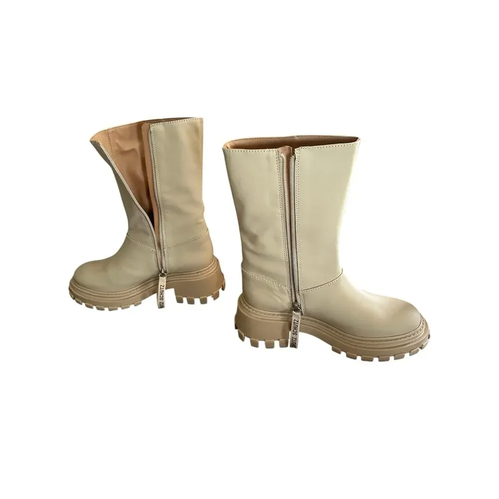 Schutz Womens Beige Leather Lug Sole Mid Calf Combat Boots‎ Size 6